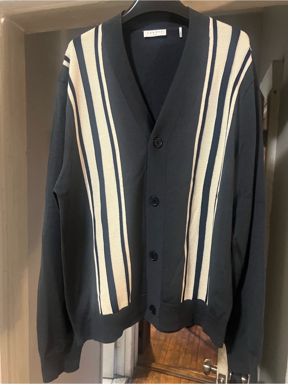 Sandro Men’s Navy and Cream Vertical Stripe Wool Cardigan size large
